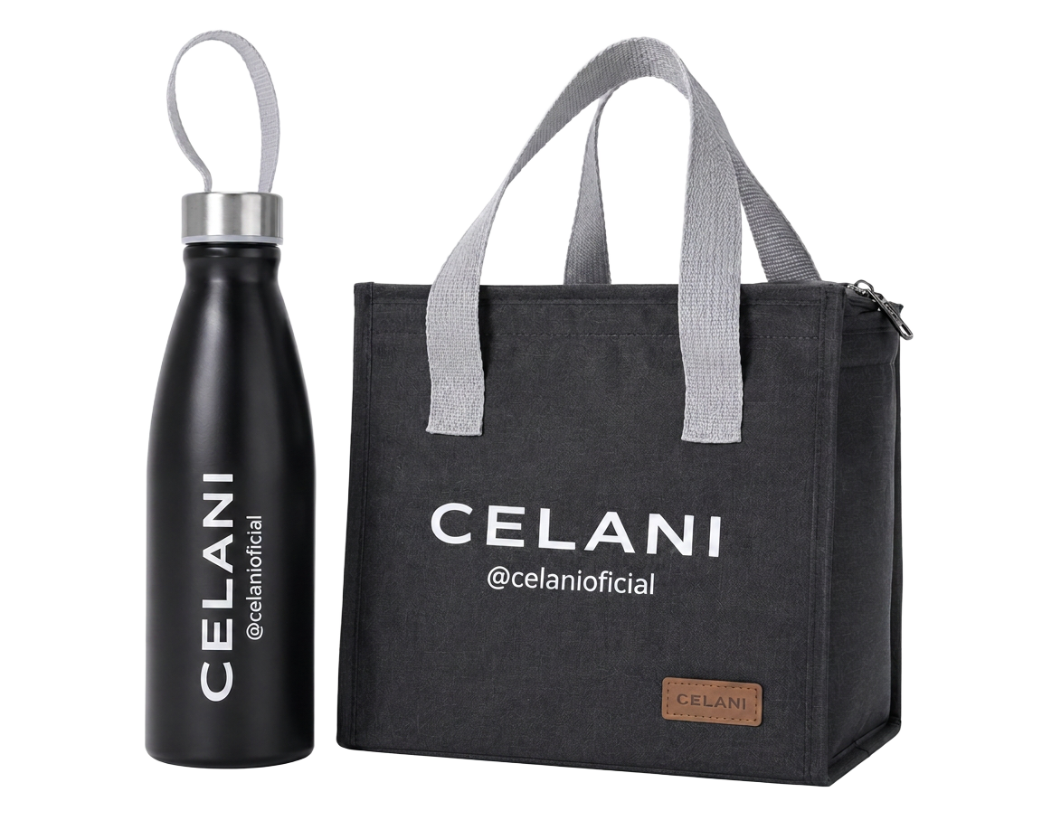 Garrafa térmica e bolsa CELANI — brindes exclusivos